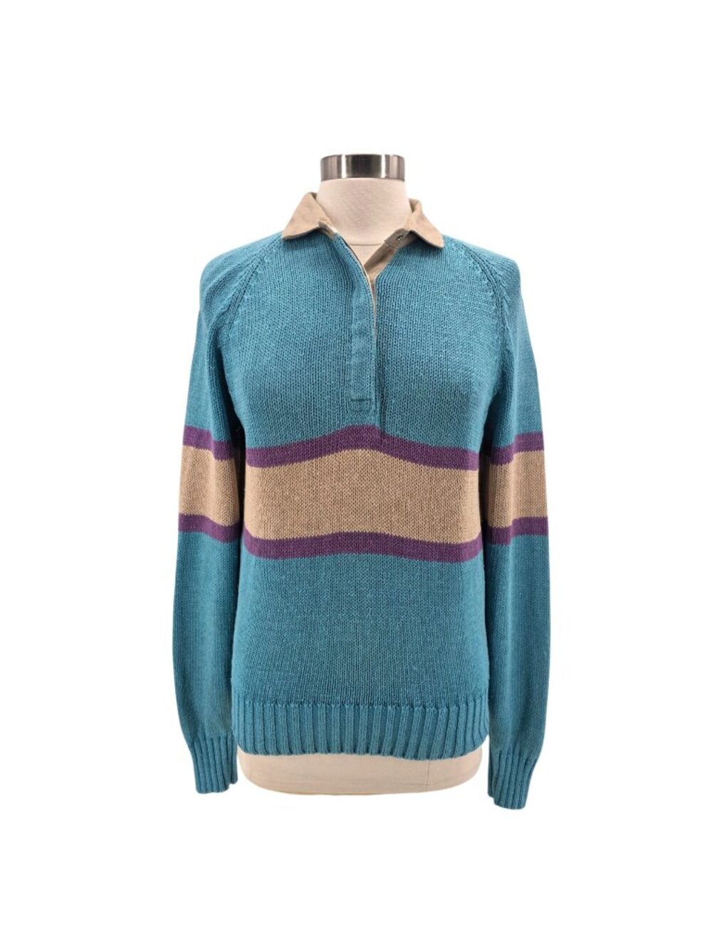 Vintage Merona Sport Womens Large Sweater Ramie Cotton Striped Knit Collared